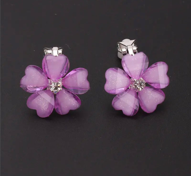 Clip on 3/4" silver and glitter pink heart flower earrings with clear stone