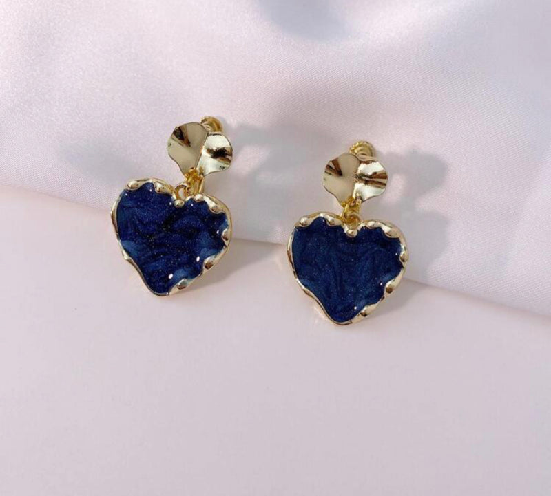 Clip on 1 1/4" bent gold and blue dangle heart screw back earrings