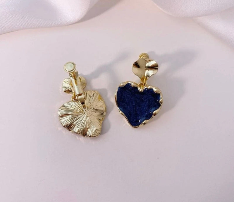 Clip on 1 1/4" bent gold and blue dangle heart screw back earrings
