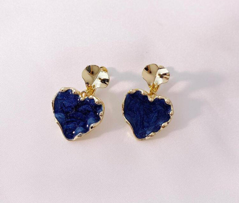 Clip on 1 1/4" bent gold and blue dangle heart screw back earrings