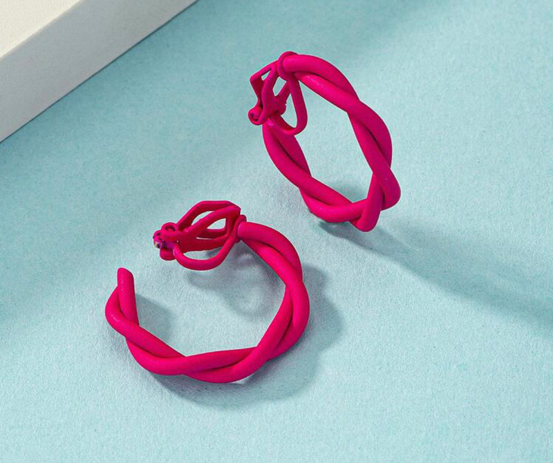 Trendy 1" clip on pink twisted open back hoop earrings
