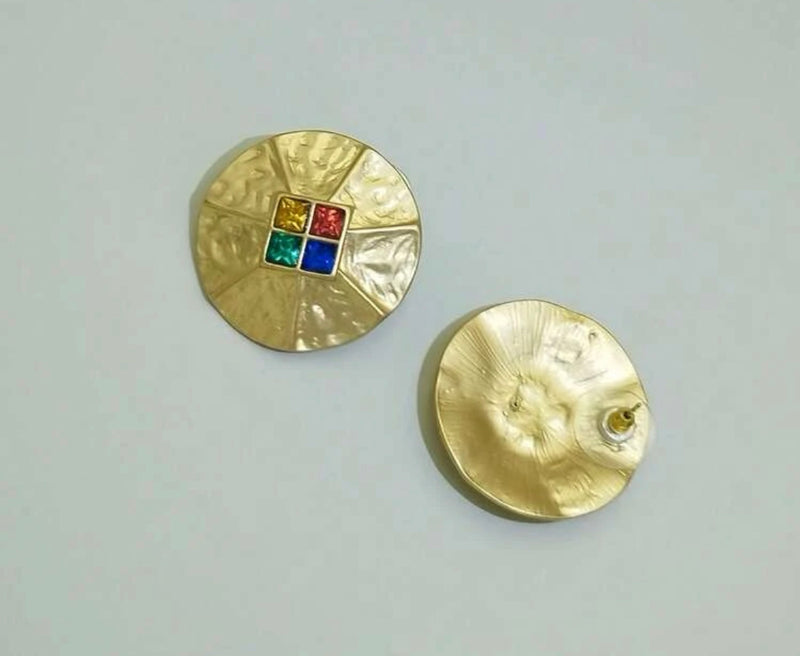 Pierced 1 1/4" matte gold hammered earrings with multi colored stones
