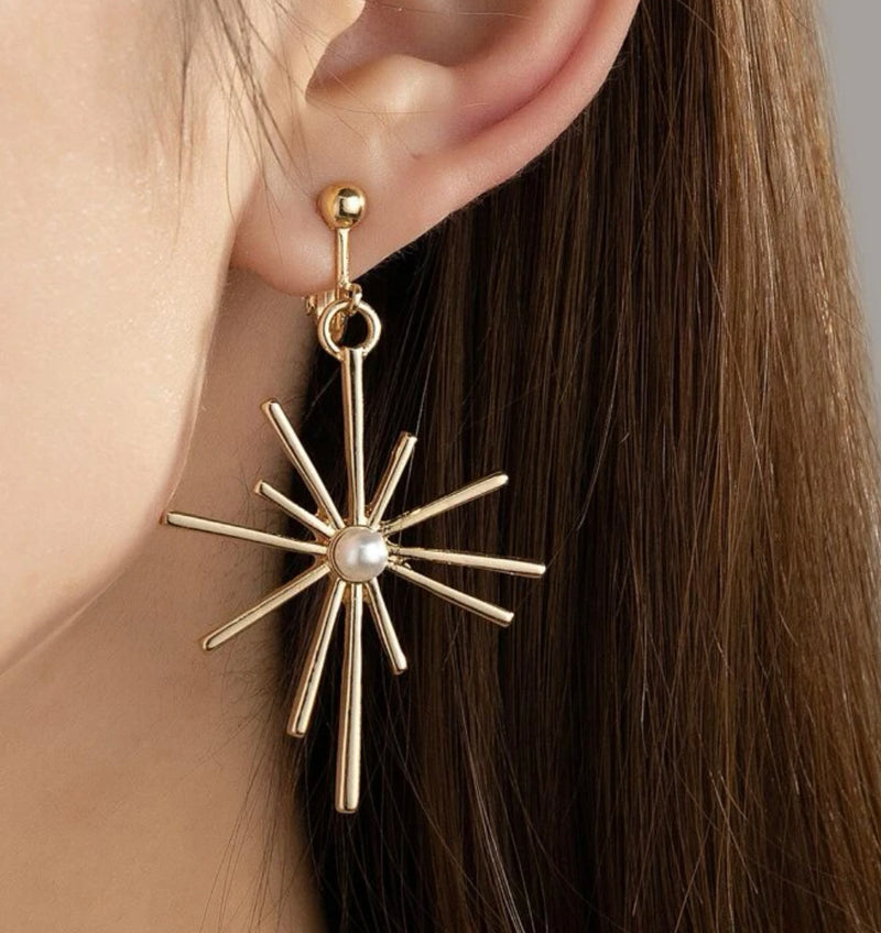 Clip on 2 1/4" gold dangle stick earrings w/center white pearl
