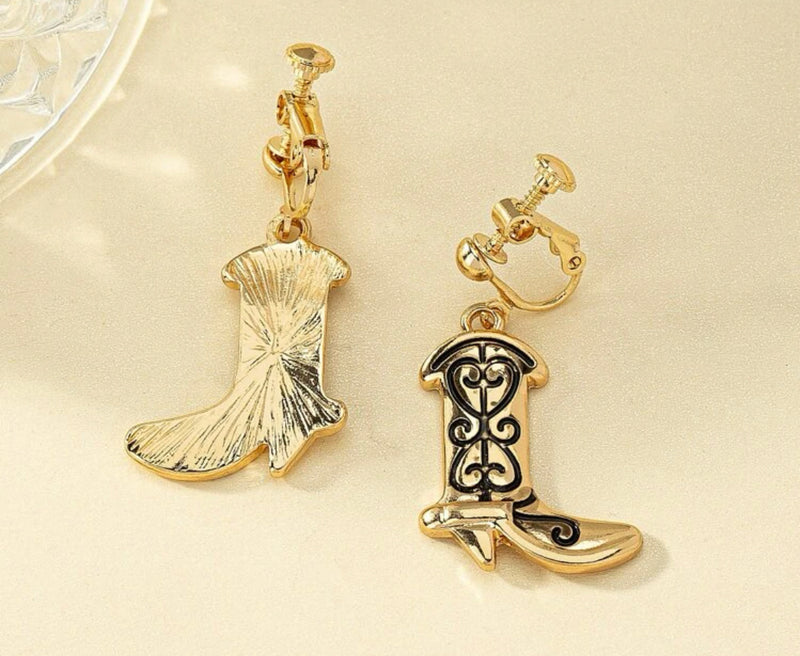 Western 1 1/2" clip on gold and black printed dangle boot earrings