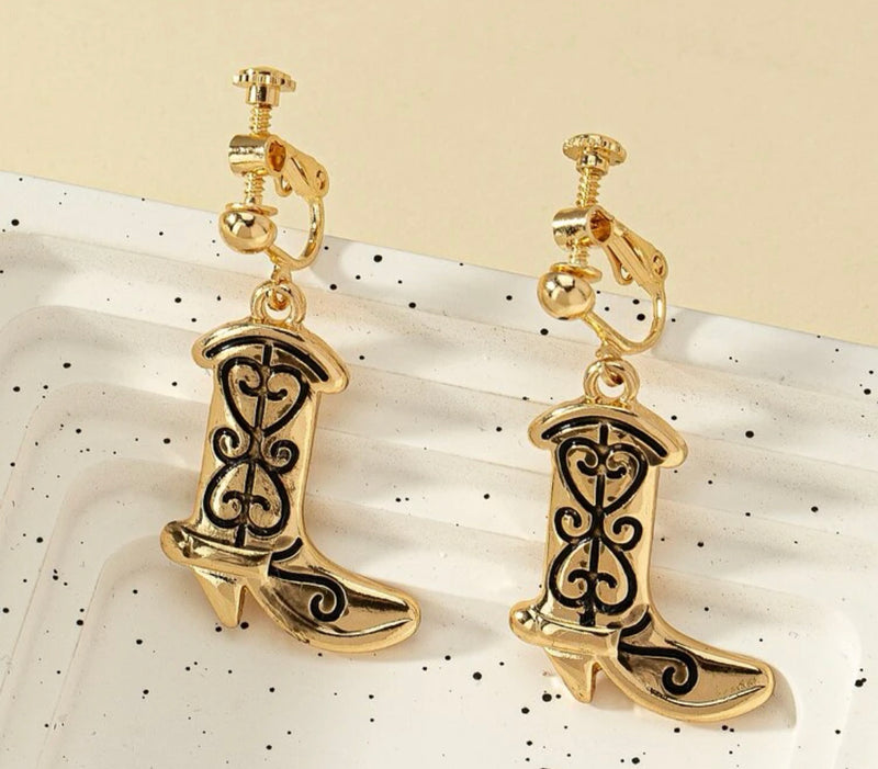 Western 1 1/2" clip on gold and black printed dangle boot earrings