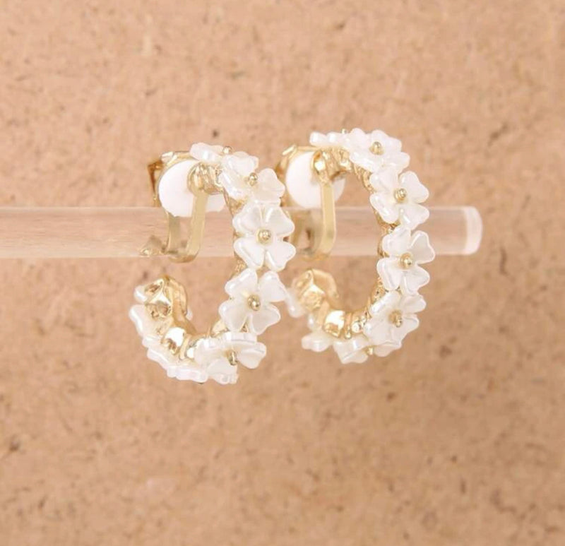 Clip on 1" gold, white or pink flower open back hoop earrings