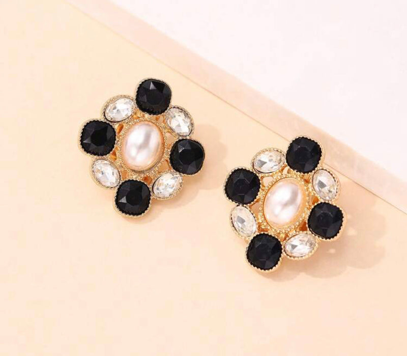 Clip on 1 1/4" gold, black, clear and white pearl button style earrings
