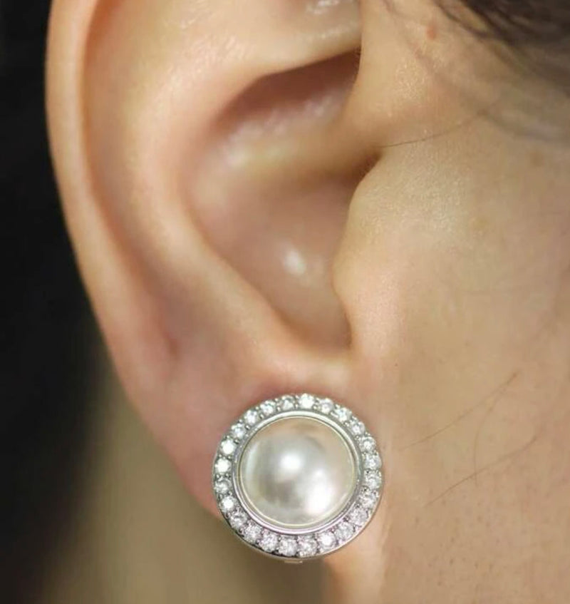 Clip on 1/2" small silver & white pearl round earrings
