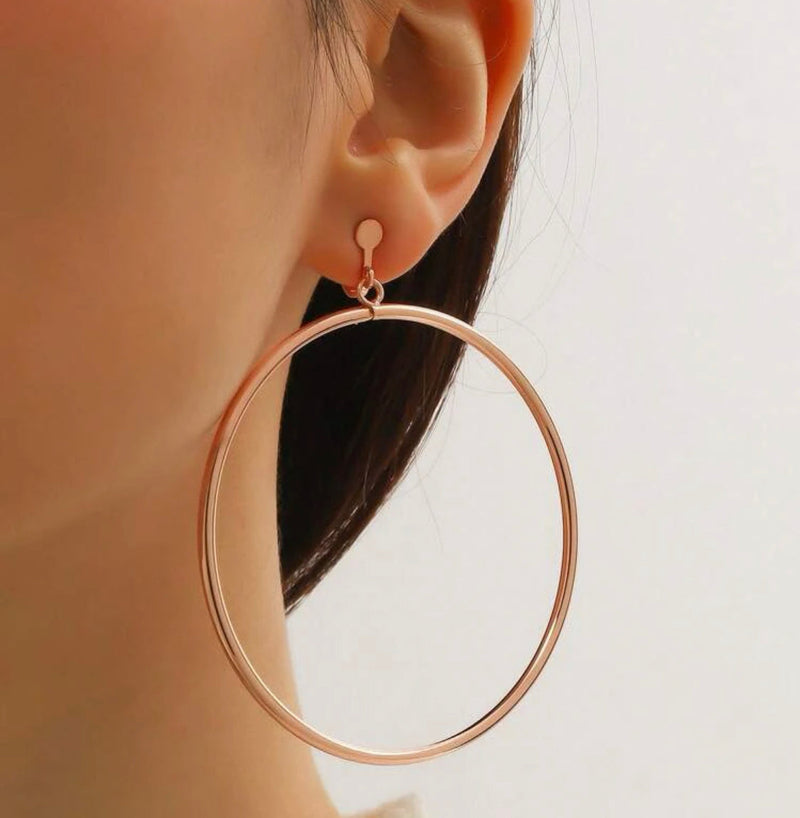 Clip on 3" large gold dangle hoop earrings with small clasp