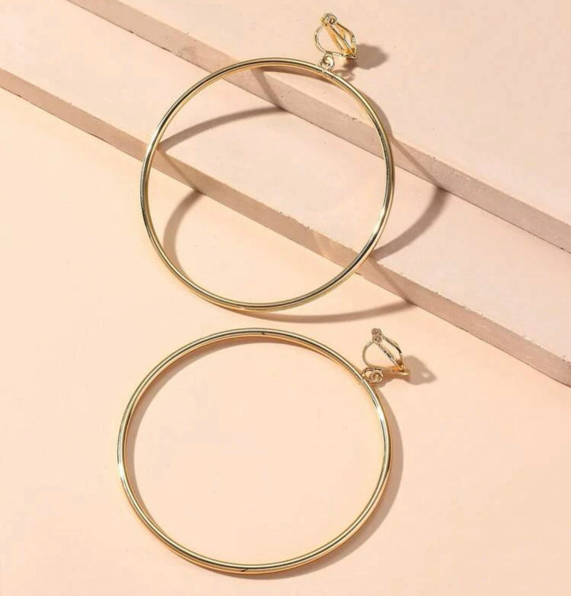 Clip on 3" large gold dangle hoop earrings with small clasp