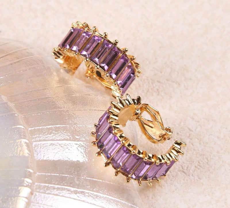 Clip on 1" gold and purple stone wide hoop earrings