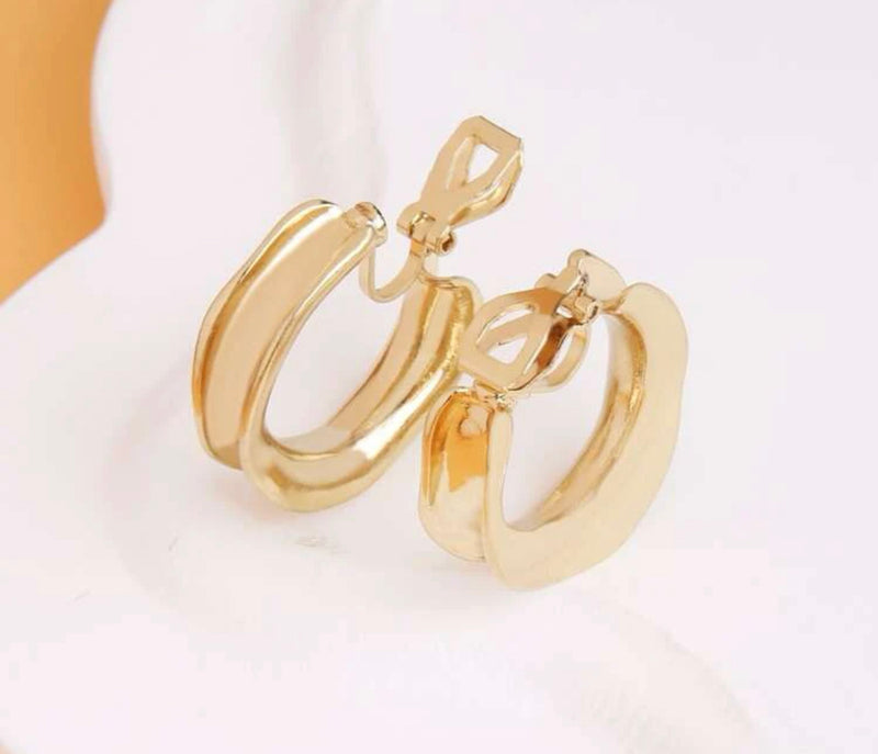 Clip on 1" gold hammered indented edge hoop earrings