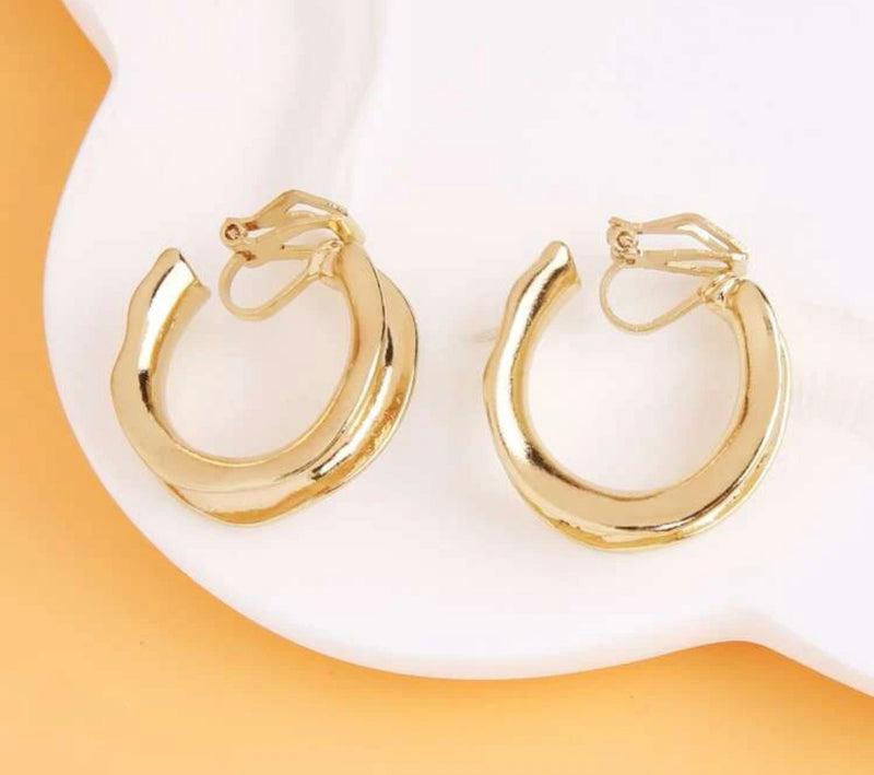 Clip on 1" gold hammered indented edge hoop earrings