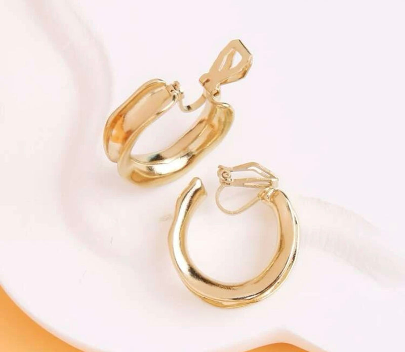 Clip on 1" gold hammered indented edge hoop earrings