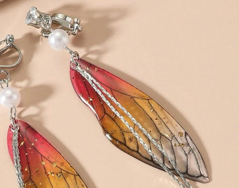 Clip on 4" silver, red, yellow butterfly wing earrings w/pearl & clear stone
