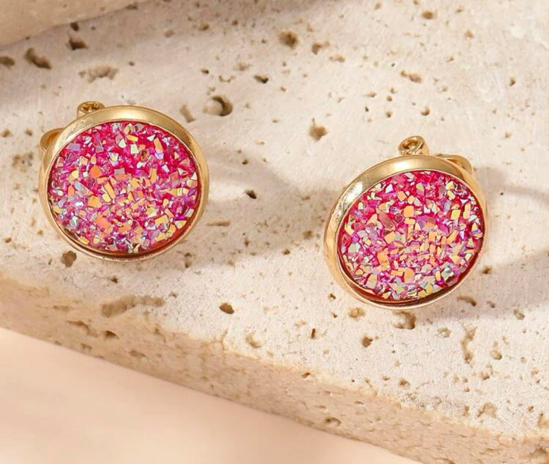 Clip on 1/2" small gold and pink multi colored glitter button style earrings