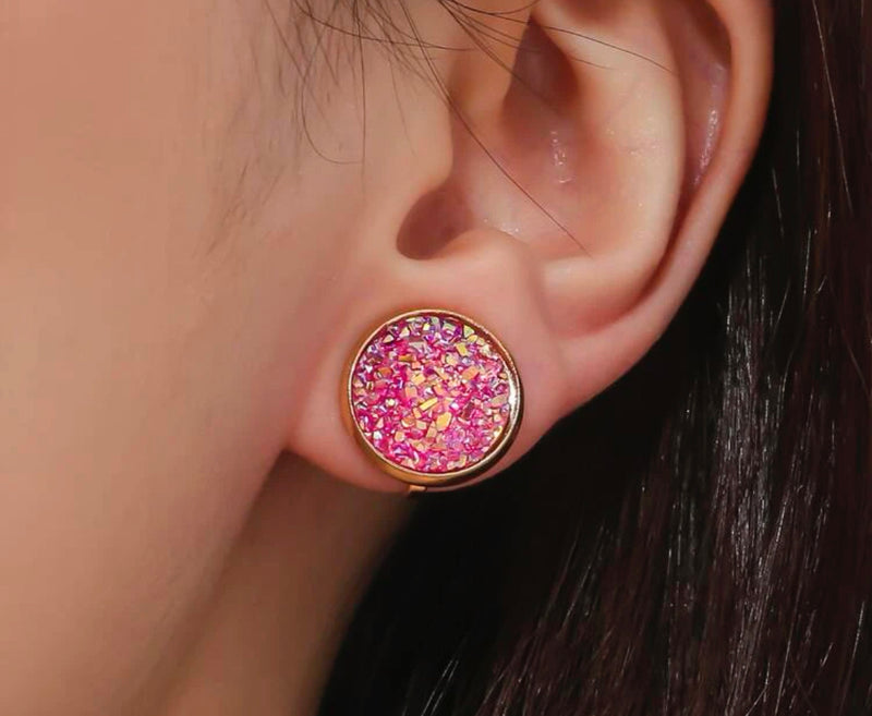 Clip on 1/2" small gold and pink multi colored glitter button style earrings