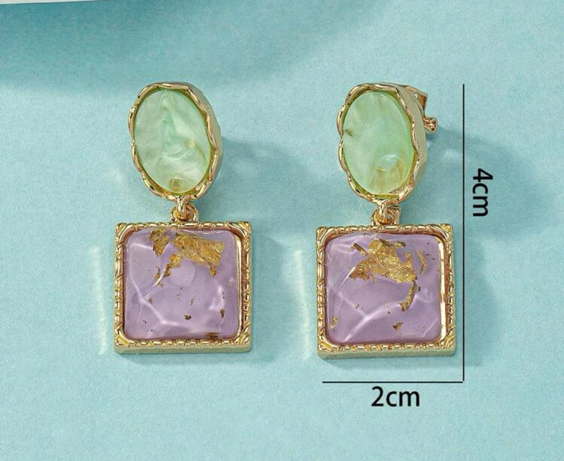 Clip on 1 3/4" gold, green & purple stone dangle earrings