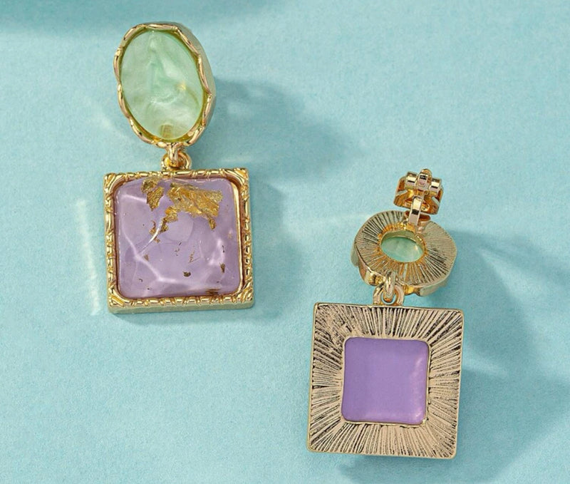 Clip on 1 3/4" gold, green & purple stone dangle earrings