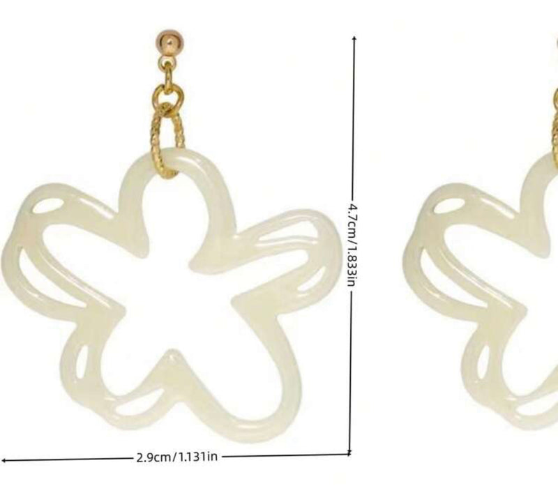 Clip on 2" gold and white dangle cutout flower earrings