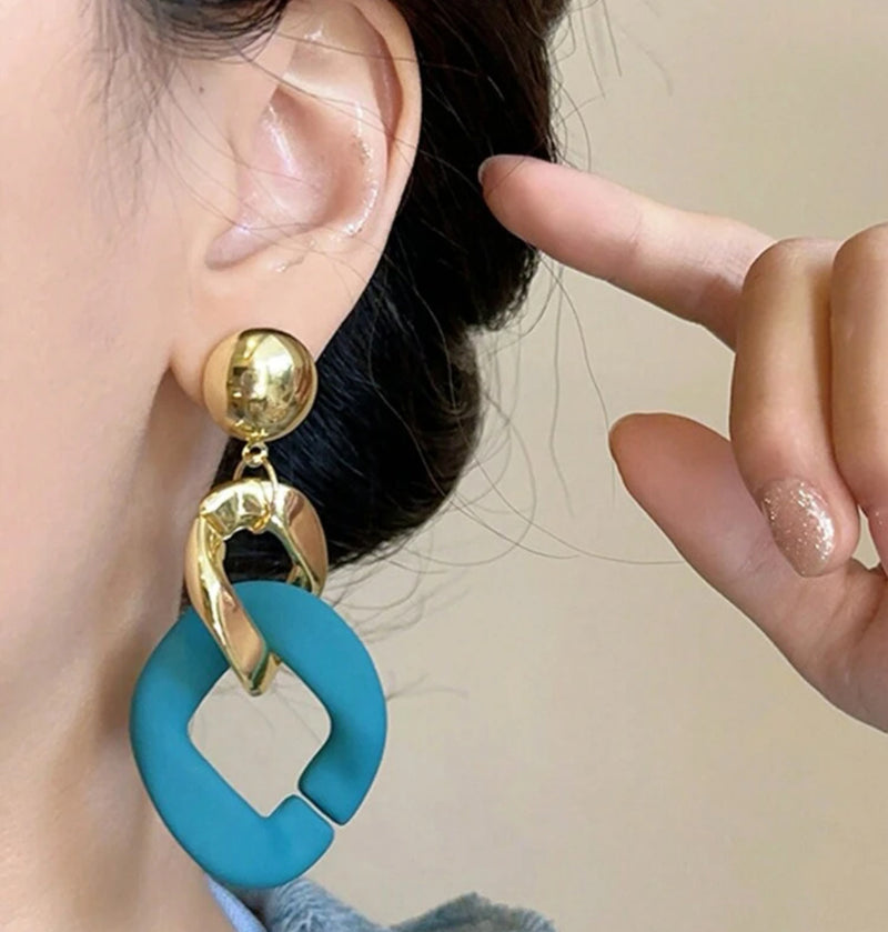 Clip on 3" large gold and turquoise comfort fit chain link dangle earrings