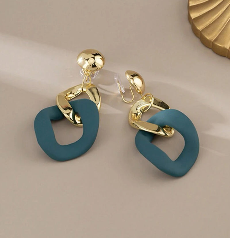 Clip on 3" large gold and turquoise comfort fit chain link dangle earrings