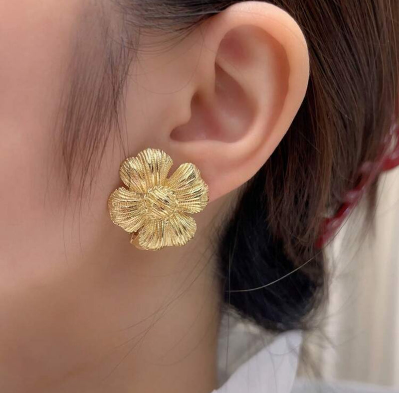 Clip on 1 1/4" gold textured flower button style earrings