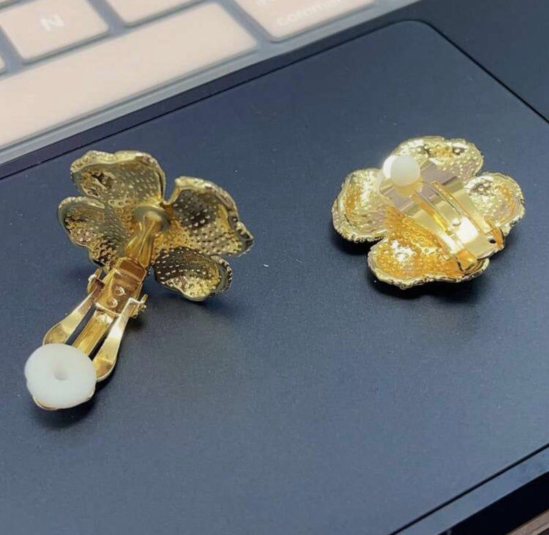 Clip on 1 1/4" gold textured flower button style earrings