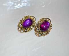 Clip on gold purple stone earrings w/cutout edges & small pearls