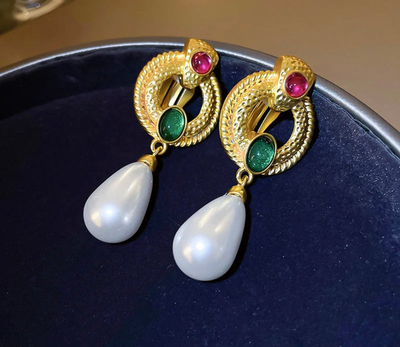 Clip on 2 1/4" gold, pink and green stone dangle white pearl earrings