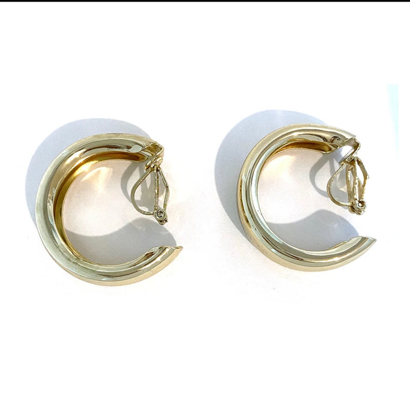 Trendy clip on 1 1/4" gold wide hollow center hoop earrings