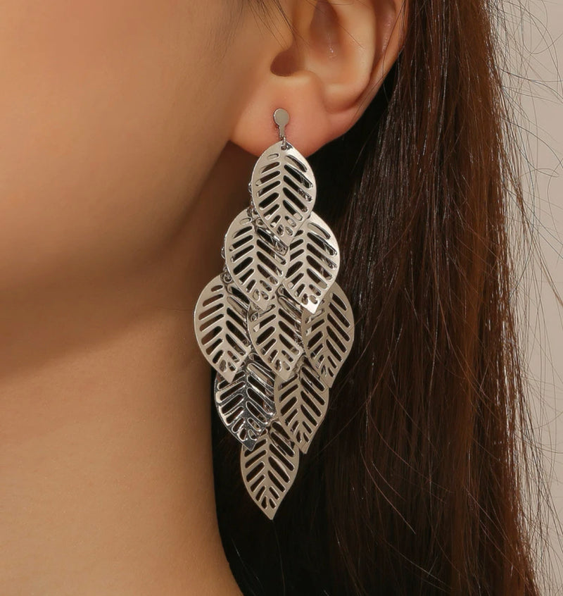 Clip on 3 3/4" Xlong silver cutout layered dangle leaf earrings