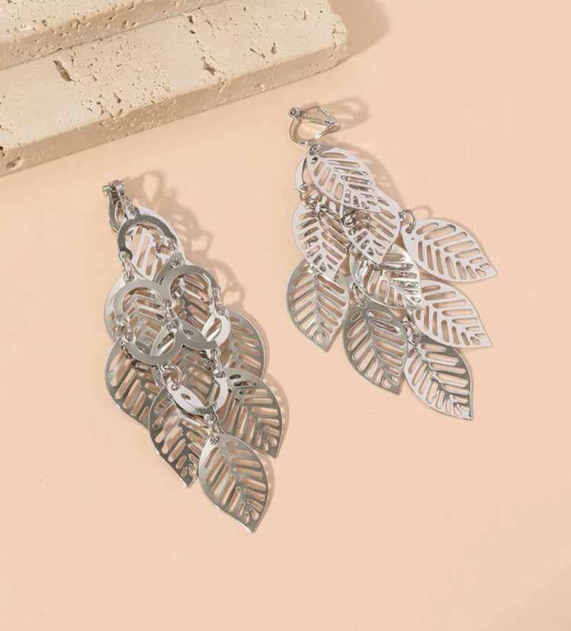 Clip on 3 3/4" Xlong silver cutout layered dangle leaf earrings