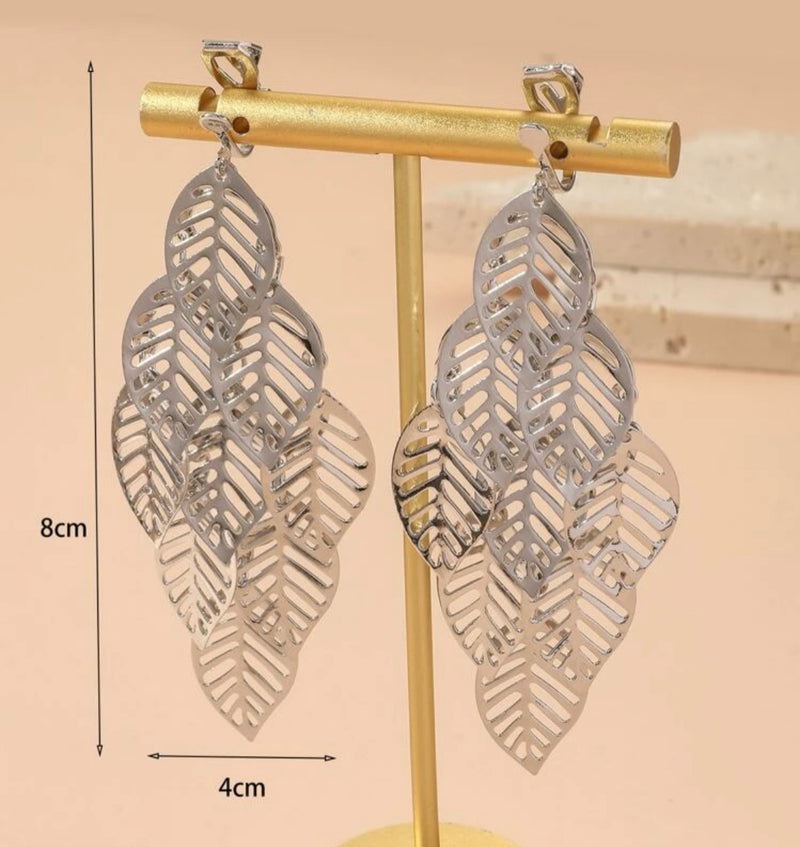 Clip on 3 3/4" Xlong silver cutout layered dangle leaf earrings