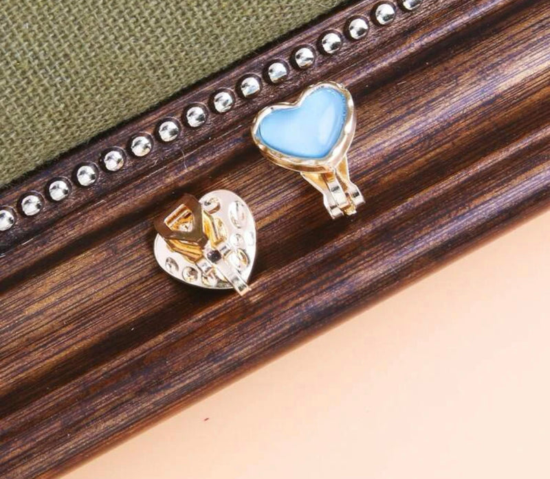 Clip on 1/2" small gold and blue stone button style heart earrings