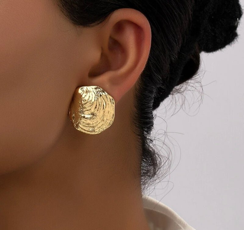 Clip on 1" gold textured shell button style earrings