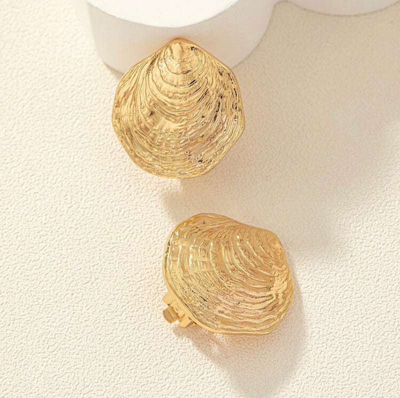 Clip on 1" gold textured shell button style earrings