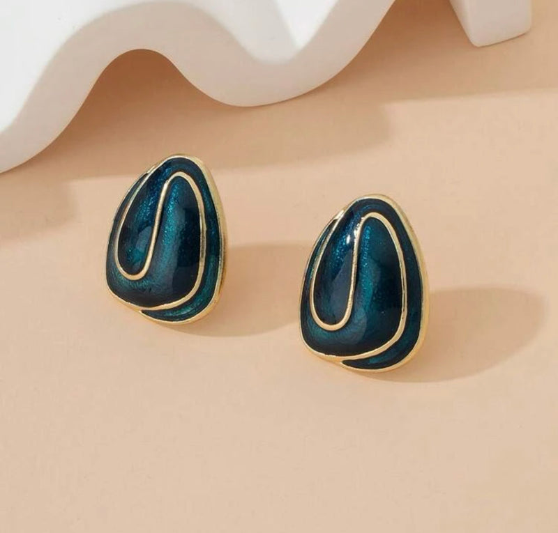 Clip on 1" gold and teal blue swirl design button style earrings