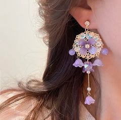 Long pierced gold and purple flower earrings w/clear stones & pearls