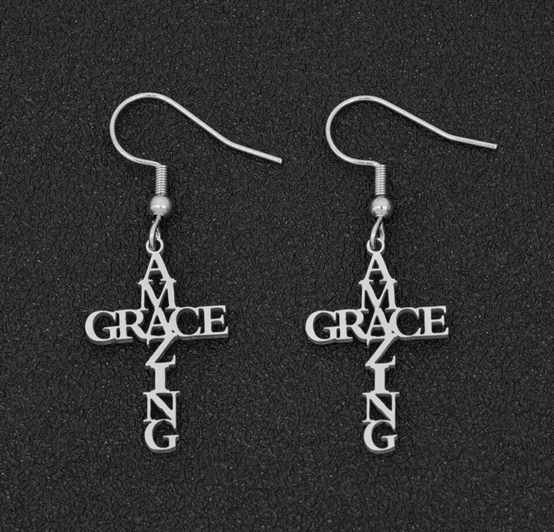 Inspirational 2" silver pierced cross AMAZING GRACE dangle earrings