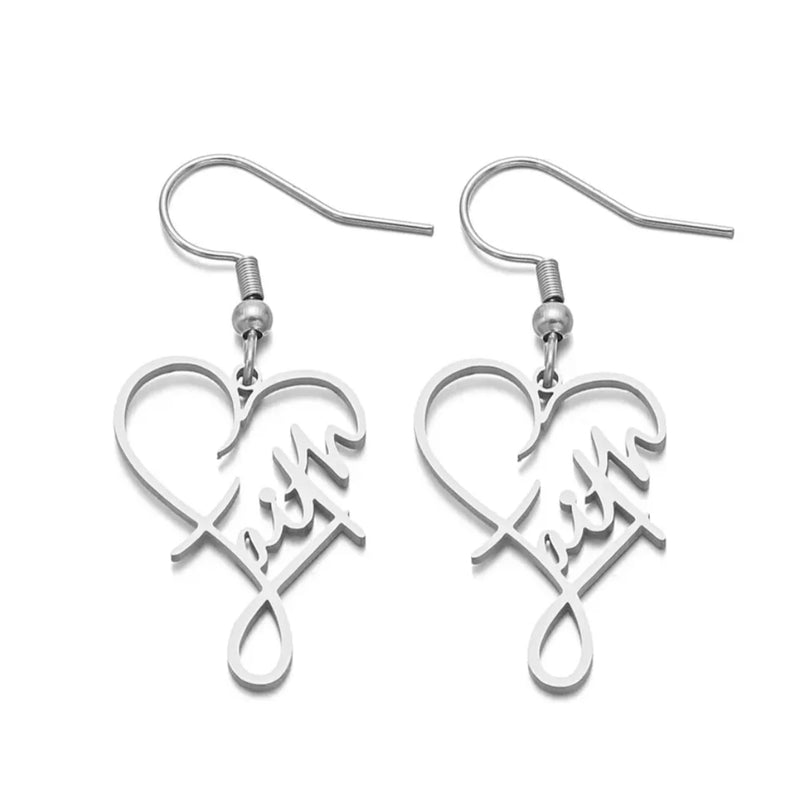 Inspirational 1 3/4" silver pierced heart FAITH dangle earrings