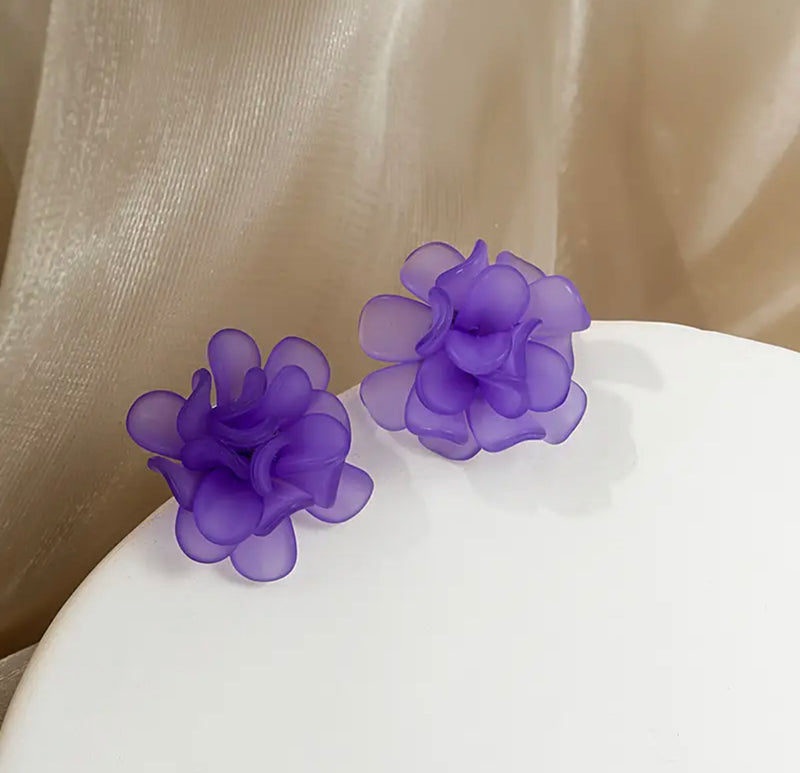 Clip on 1 1/2" silver and purple petal button style earrings