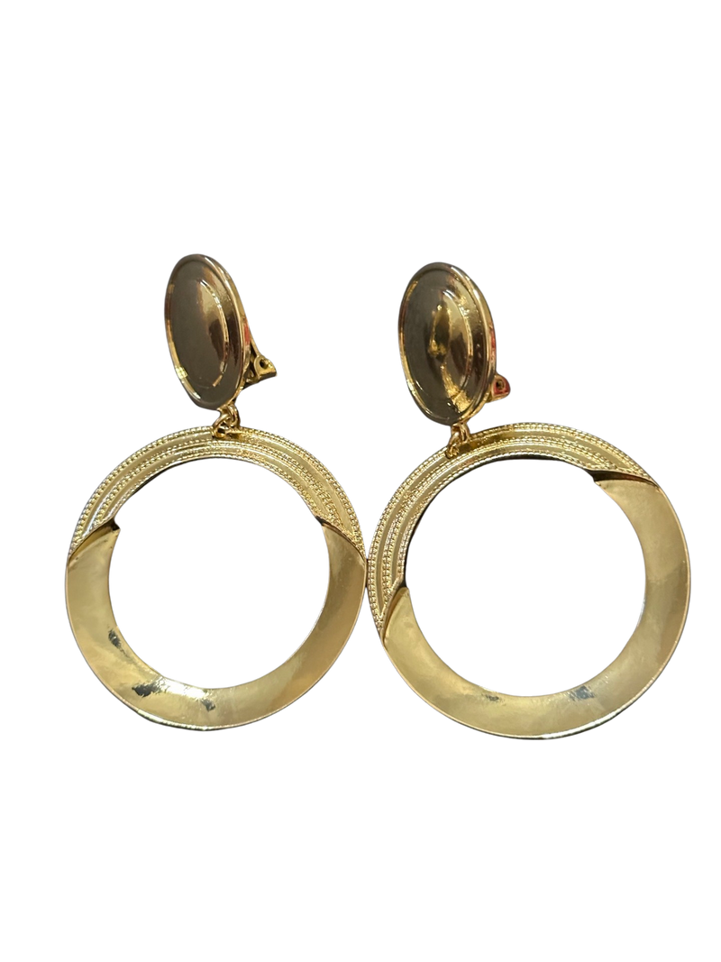 Clip on 3 1/4" Xlarge gold lightweight dangle textured and shiny hoop earrings