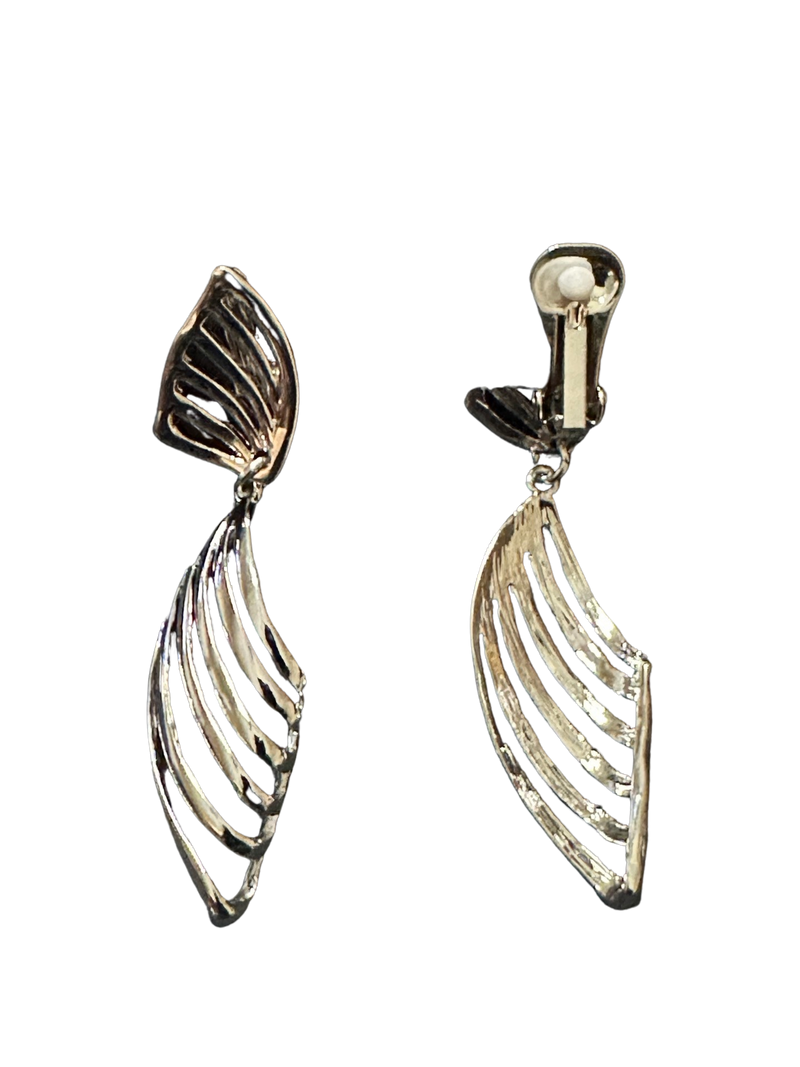 Clip on 3 1/4" silver large cutout double wing bent dangle earrings