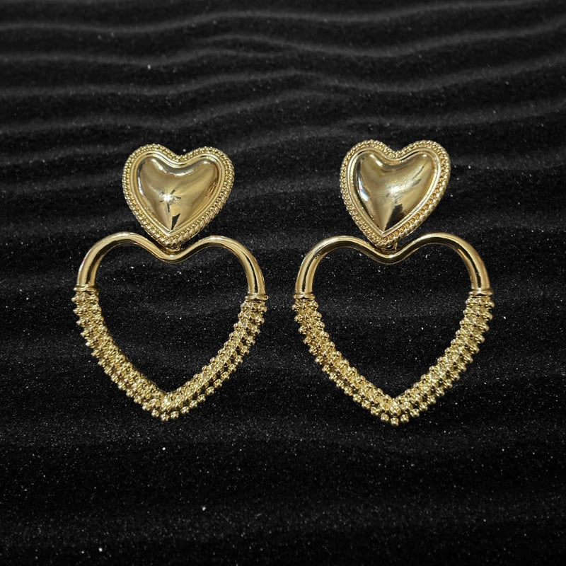 Clip on 3" gold Xlarge lightweight textured double heart dangle earrings