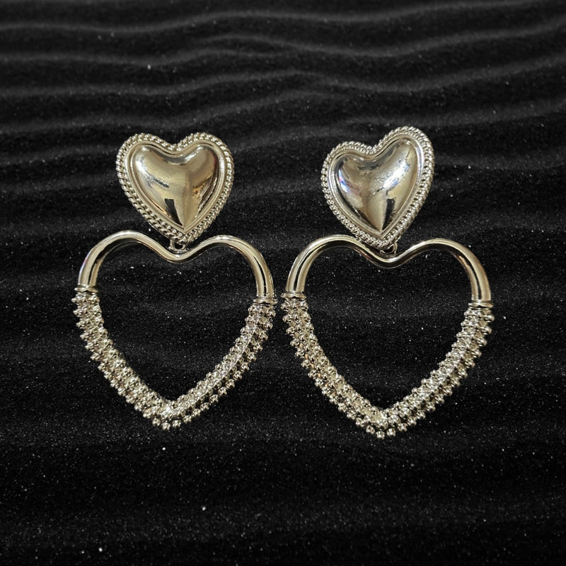 Clip on 3" silver Xlarge lightweight textured double heart dangle earrings