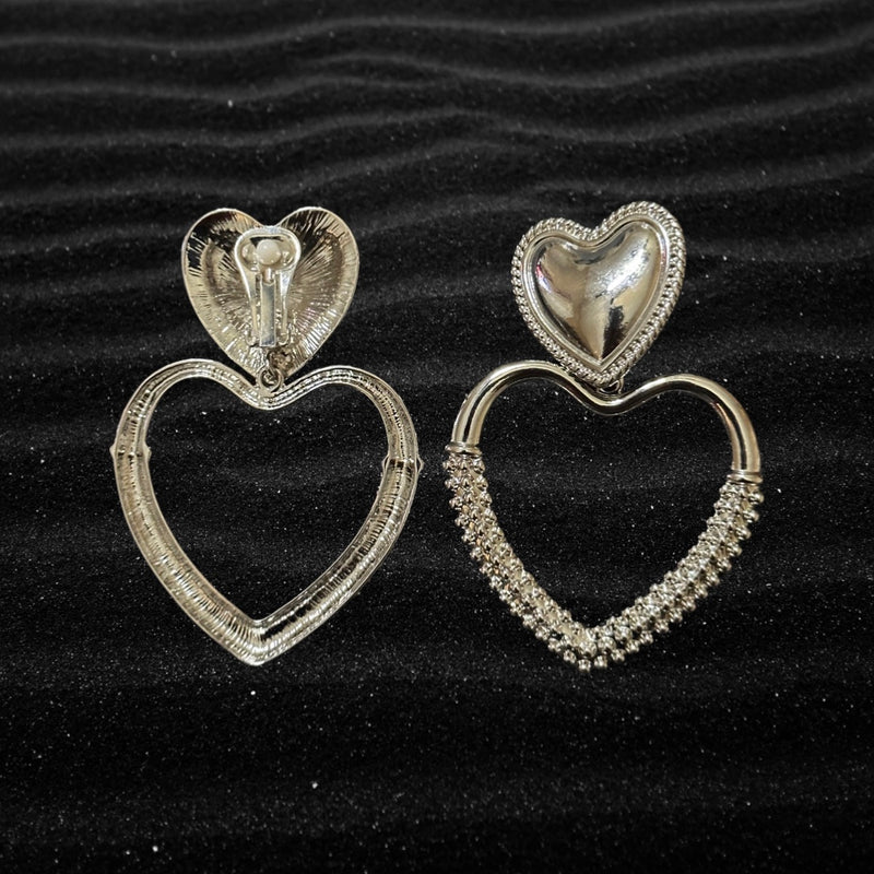 Clip on 3" silver Xlarge lightweight textured double heart dangle earrings