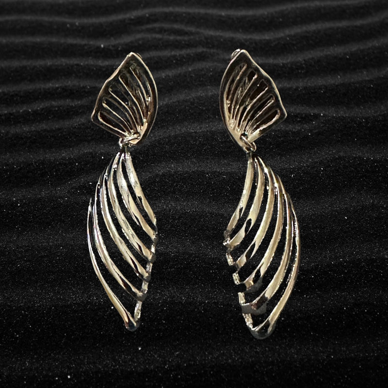 Clip on 3 1/4" silver large cutout double wing bent dangle earrings