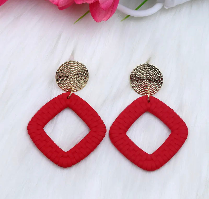 Clip on 2 3/4" gold woven square earrings in a variety of colors