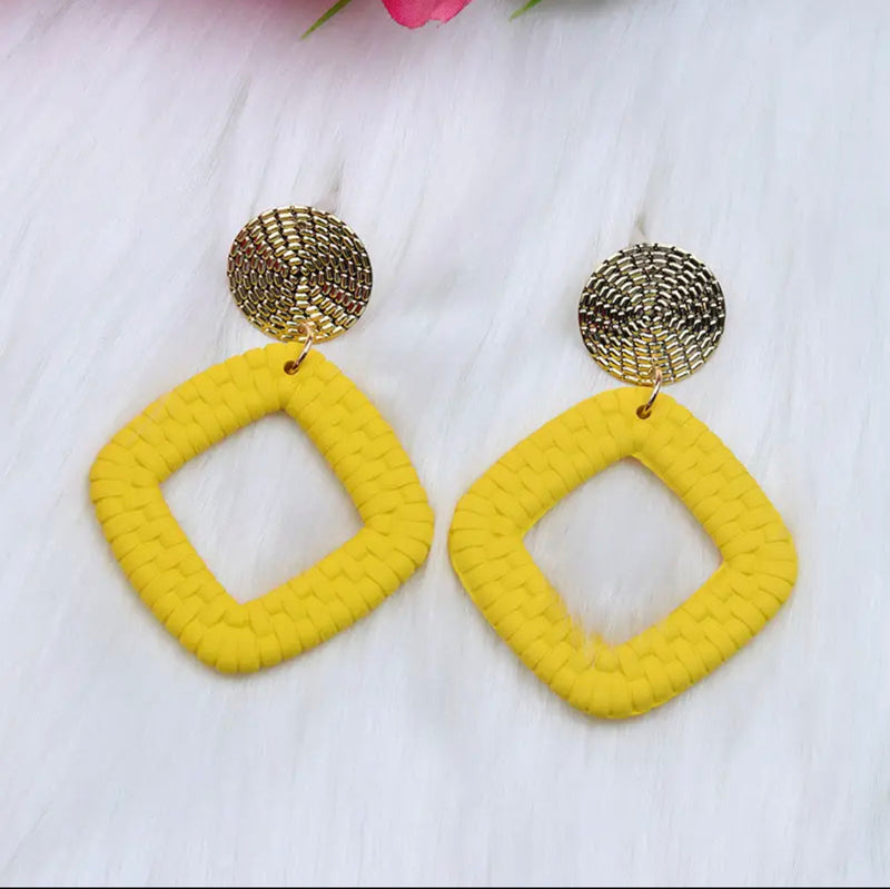 Clip on 2 3/4" gold woven square earrings in a variety of colors
